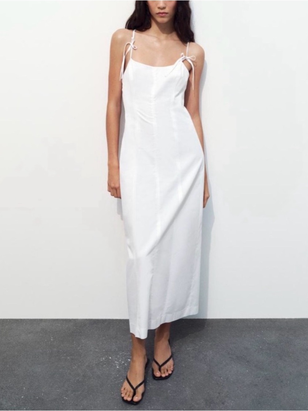 Zara Bow Gabardine Poplin Midi Dress White Sundress Sleeveless Size L